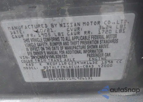 2021 Nissan Versa Sv Xtronic Cvt from USA, damaged, VIN 3N1CN8EV1ML926131